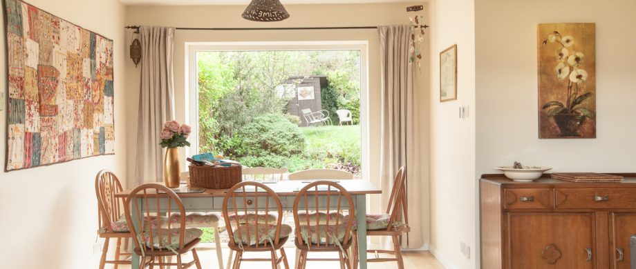 light and spacious dining room at The Pink House Lulworth holiday home accomodation in Dorset