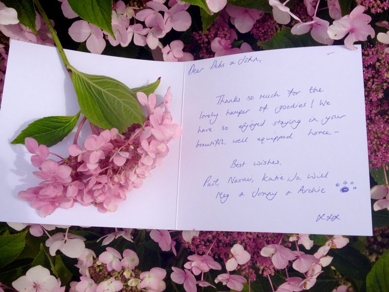 Thank You Note from recent guests at The Pink House Lulworth
